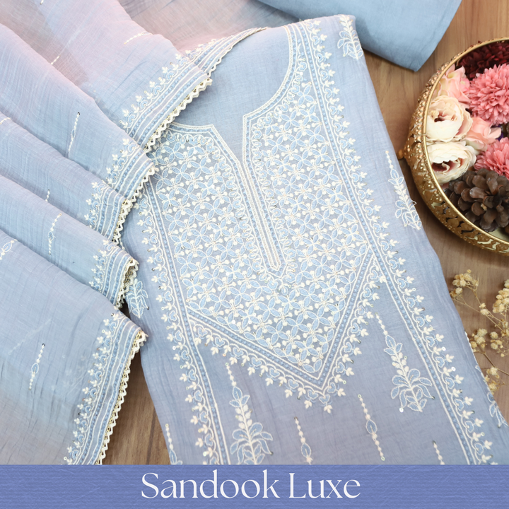Jeevika Powder Blue Embroidered Panel Mul Chanderi Set