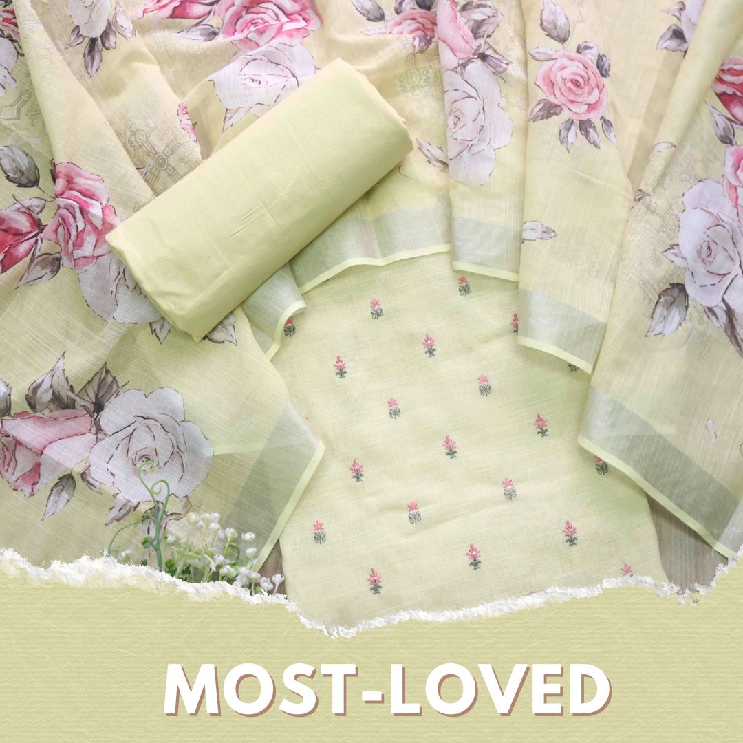 Deedar Pineapple Yellow Floral Embroidery Buti Work Cotton Linen Suit Set