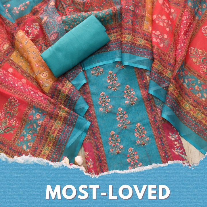 Riwayaat Colorful Moti Work Neck with Printed Cotton Linen Suit Set