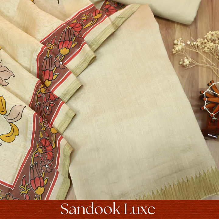 Pulvi Sand Beige Temple Style Jute Sleeve Work Maheswari Chanderi Set