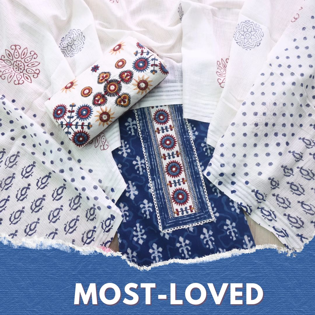 Udarri Indigo Blue Patch Work Dabu Printed Kutch Cotton Suit Set D3