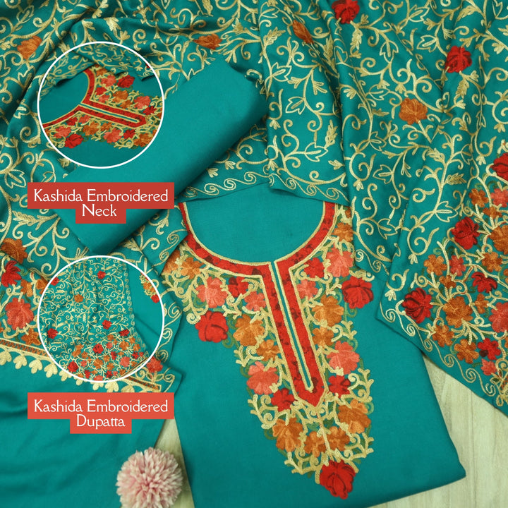 तिलक Clover Teal Embroidered Neck Semi Pashmina Winter Suit Set