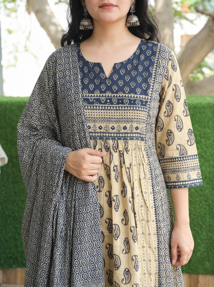 Parineeti Beige Blue Panel Style Cotton 3 Piece Set