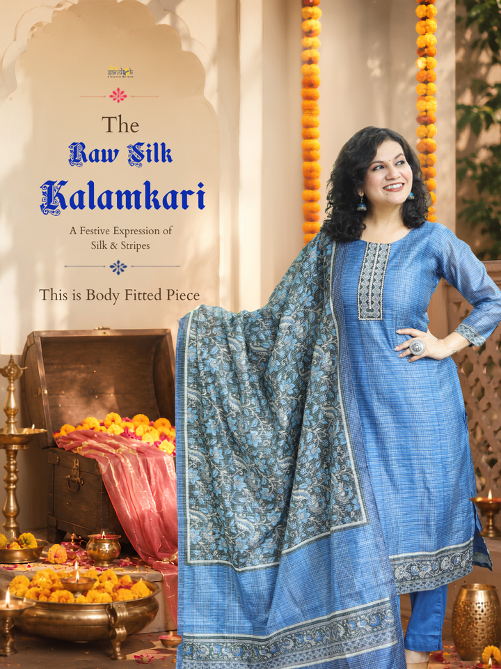Sushma Blue Mirror Work Patch Raw Silk 3 Piece Set