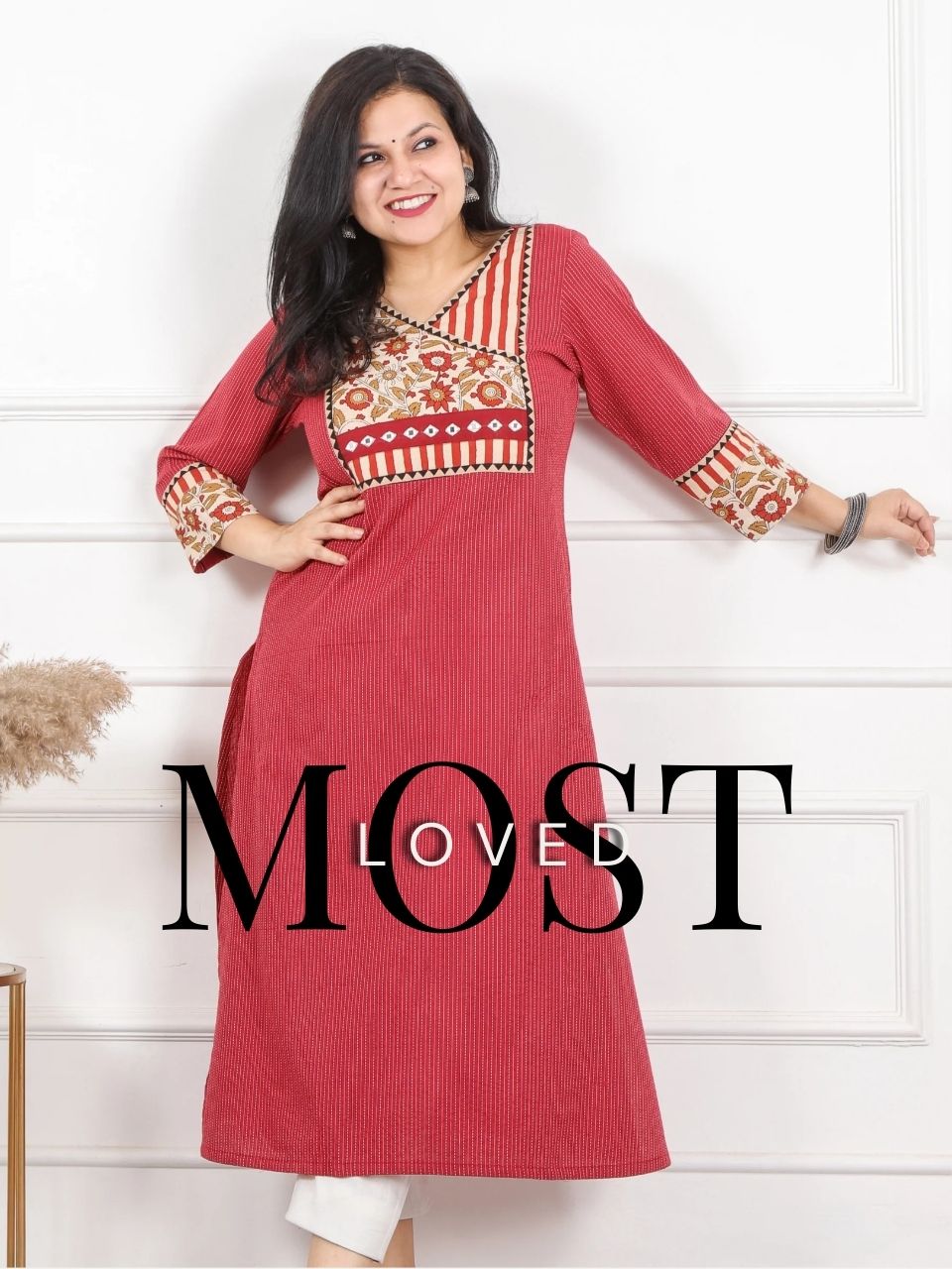 Hanniyaan Ruby Red Angrakha Neck Work Kutch Kantha Cotton -D2