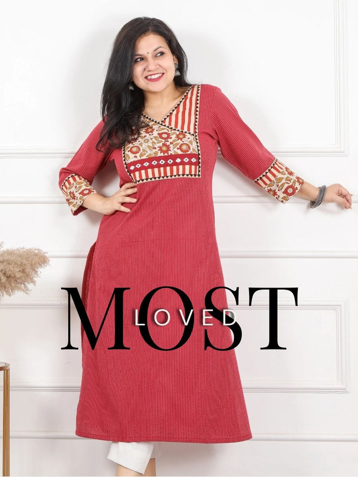 Hanniyaan Ruby Red Angrakha Neck Work Kutch Kantha Cotton -D2
