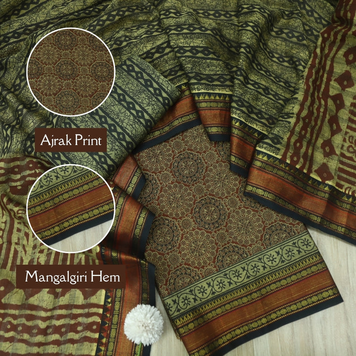 हीरल Barn Red Ajrak Printed Mangalgiri Hem Work Cotton Suit Set