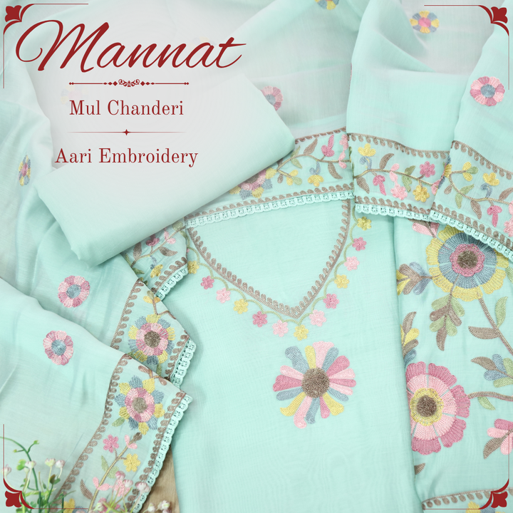 Mannat Sea Green Aari Embroidered Hem Mul Chanderi Set