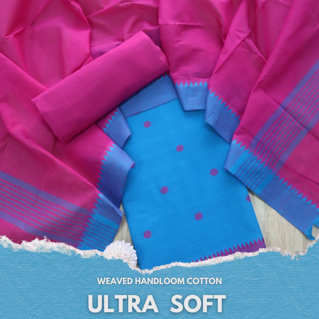 Sanskruti Raisin Blue with Pink Dupatta South Cotton Temple Hem Suit Set