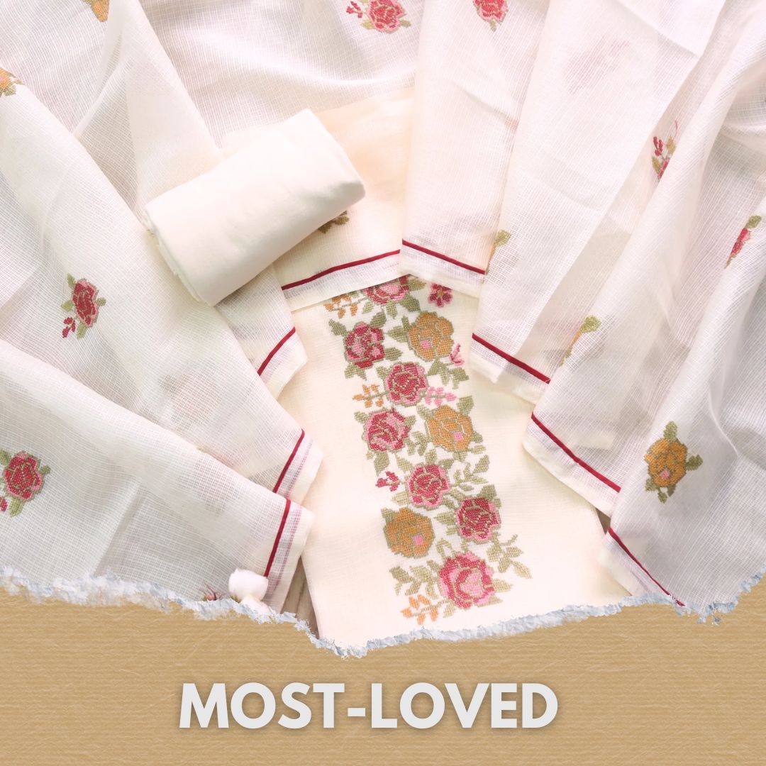Sahiba Buttermilk Beach Cross Stitch Thread Neck Kota Doriya Suit Set