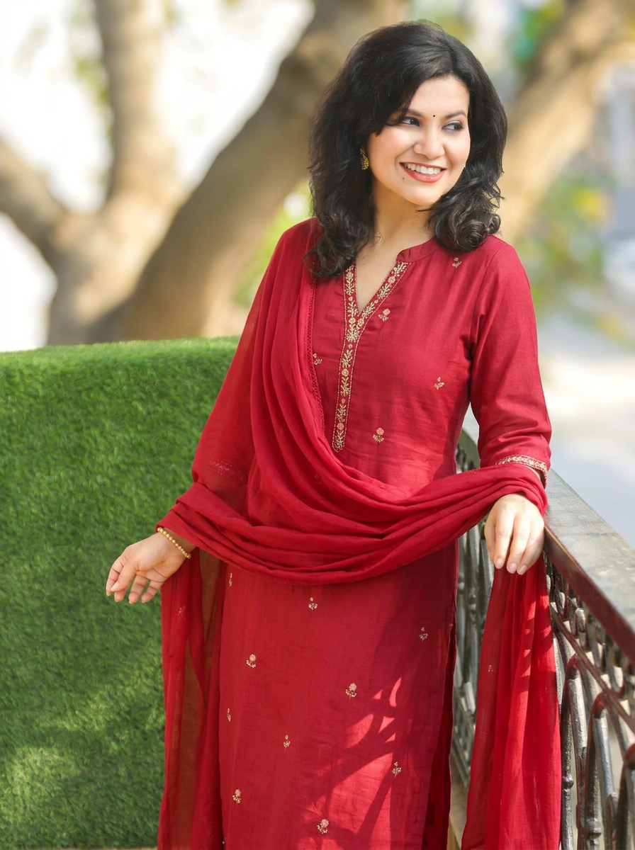 Rimjim Berry Red Embroidered Hem Mul Cotton Set