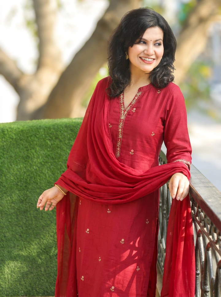 Rimjim Berry Red Embroidered Hem Mul Cotton Set