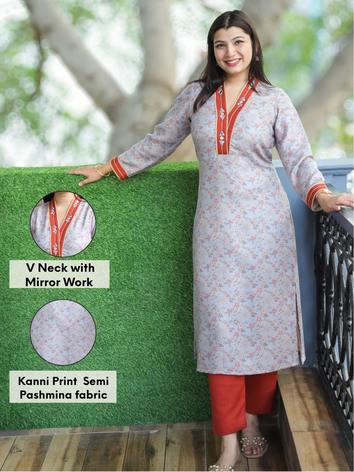 Pranjali Powder Grey V Mirror Work Kanni Print Semi Pashmina Winter Kurti