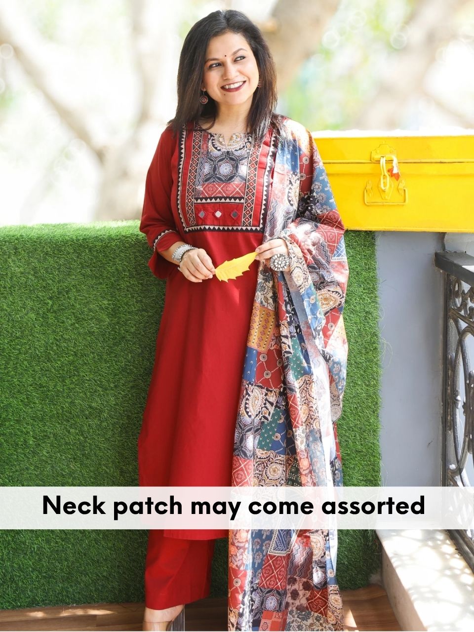 Gulkaand Garnet Red Ajrak Patches Neck Work with Mirror Cotton 3 Piece Set