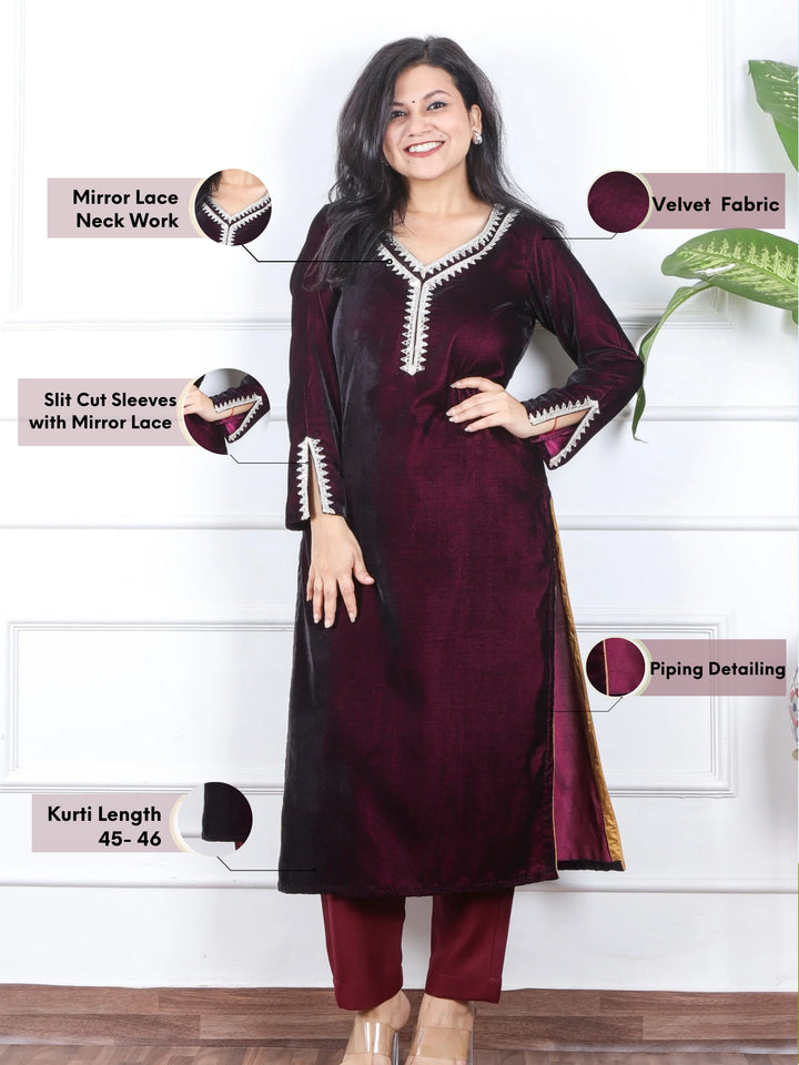 सजना Raisin Plum Purple Lace Neck Work Velvet Winter Kurti