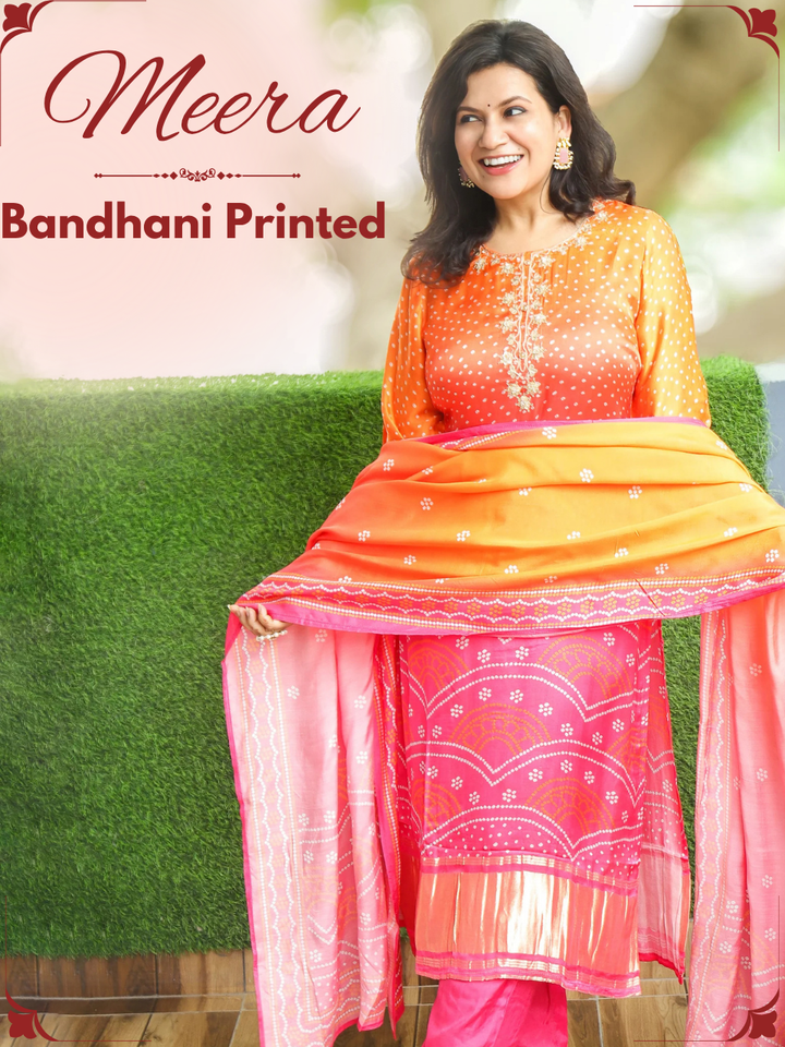 Meera Orange Pink Embellish Bandhani Muslin 3 Piece Set