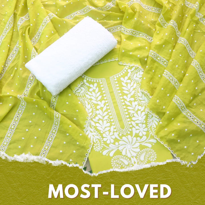 Nadaani Lemon Green Chikankari inspired Neck Work Cotton Suit Set