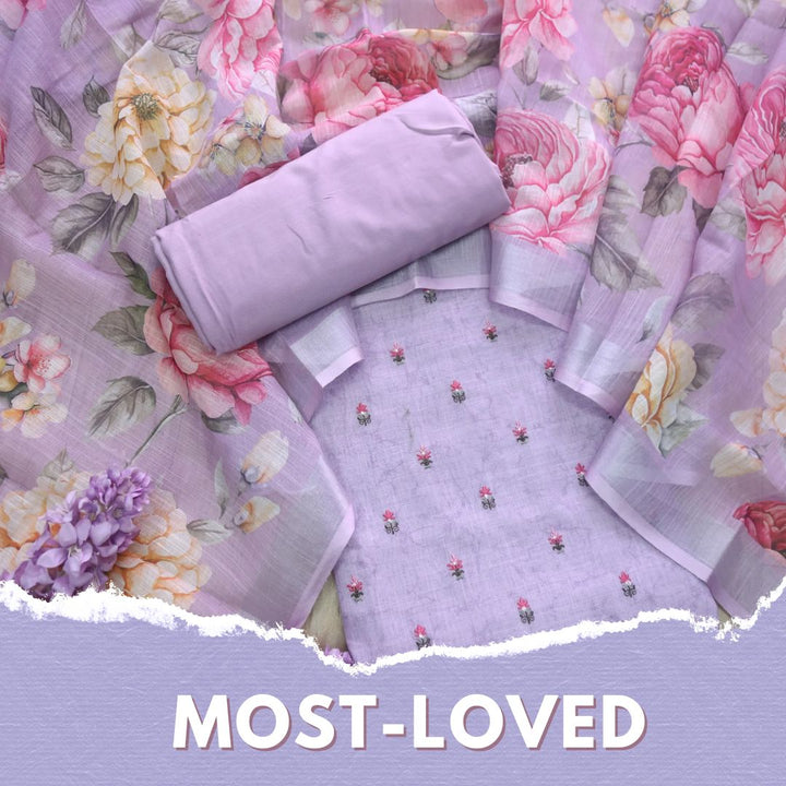 Deedar Lavish Lavender Floral Embroidery Buti Work Cotton Linen Suit Set