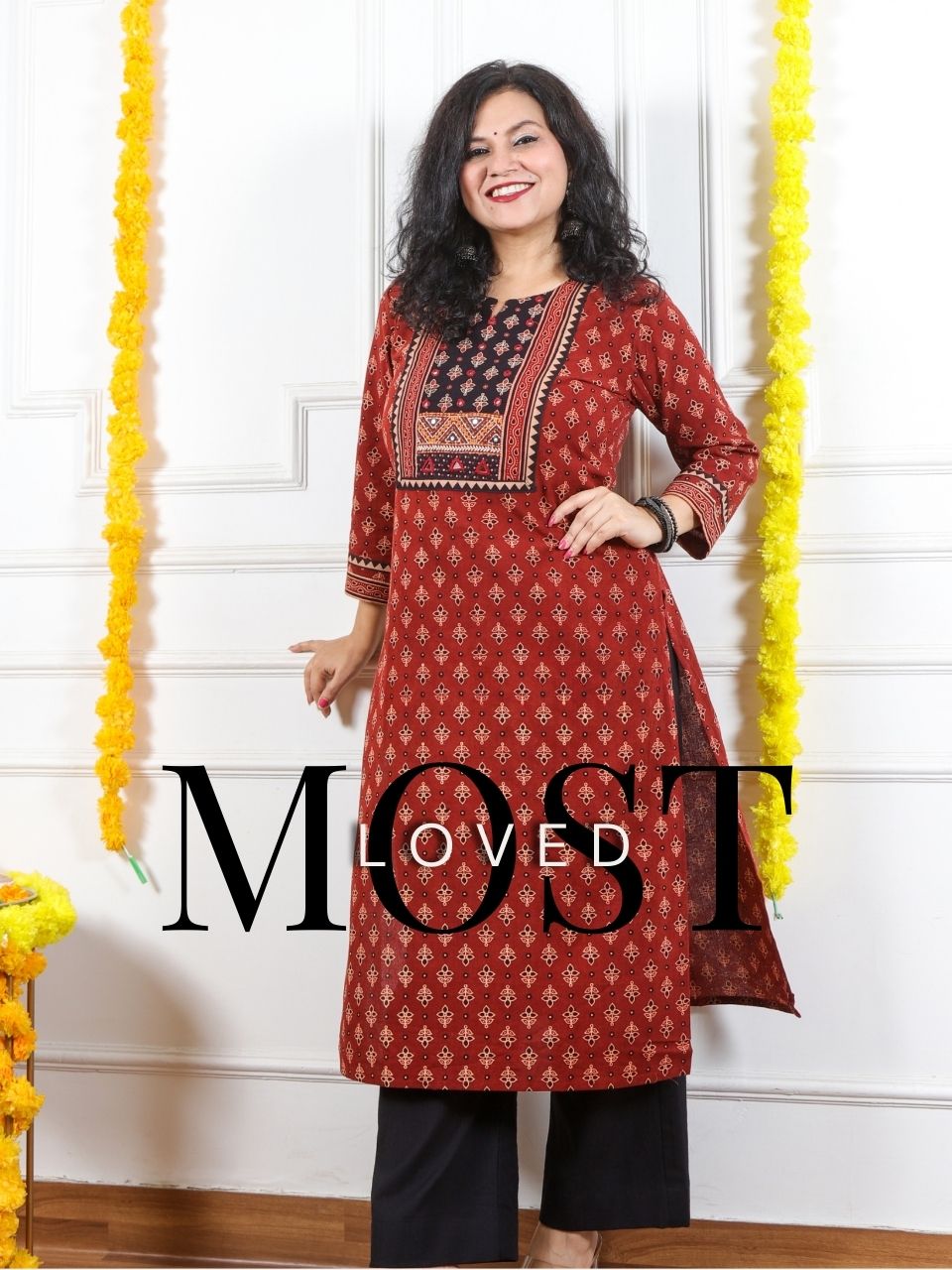 Ghoomer Cherry Red Mirror Neck Kutch Embroidery Ajrak Print Cotton Kurti-D8