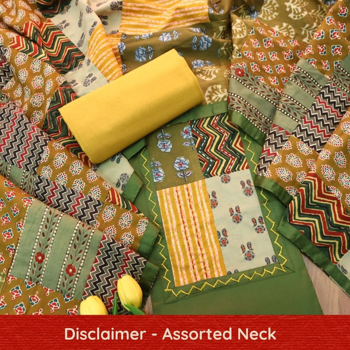 Aafeemi Fern Green Ajrak Patches Work Yoke Neck Glazed Cotton Suit Set