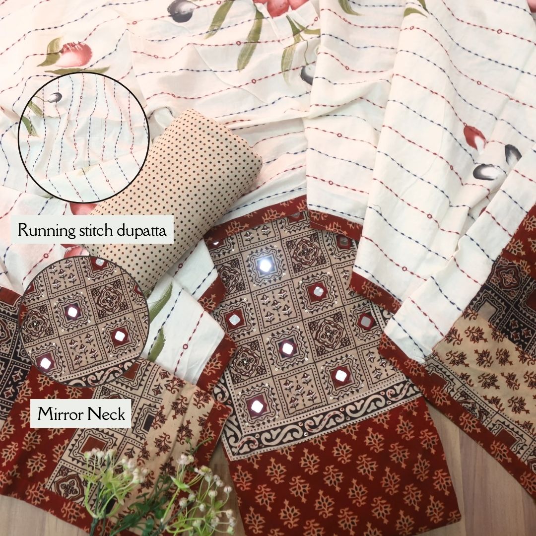 Tanhaa Cherry Red Mirror Neck Kutch Patch In Ajrak Print Cotton Suit Set