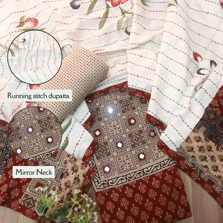 Tanhaa Cherry Red Mirror Neck Kutch Patch In Ajrak Print Cotton Suit Set