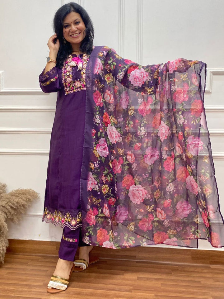 Rayshami Eggplant Purple Embroidered Rayon Crepe Top with Organza Dupatta 3 Piece Set