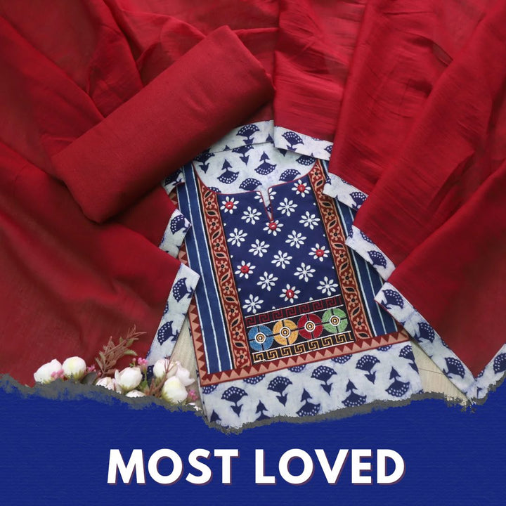 Sulari Indigo Blue Dabu Print Mirror Work Kutch Fusion Neck Cotton Suit Set