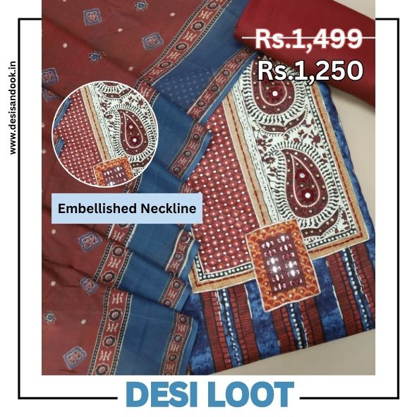 Adaa Maroon Red Embellished Neckline in Printed Cotton Suit Set