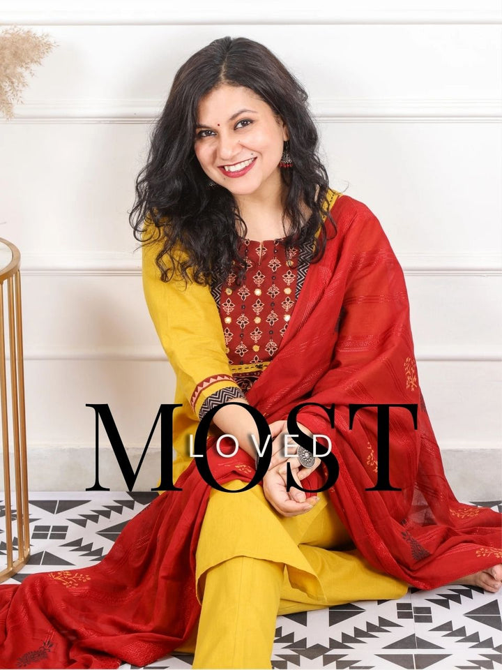 Raanjhaan Dijon Yellow Kutch Neck Work Cotton 3 Piece Set