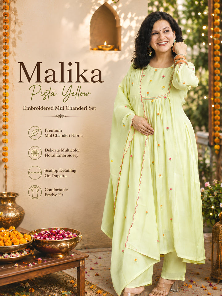 Malika Pista Yellow Embroidered Mul Chanderi Set