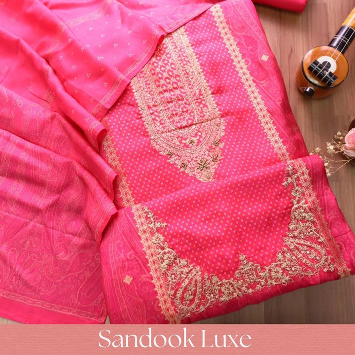 Naari Rani Pink Zari Woven Brocade Patch Silk Set