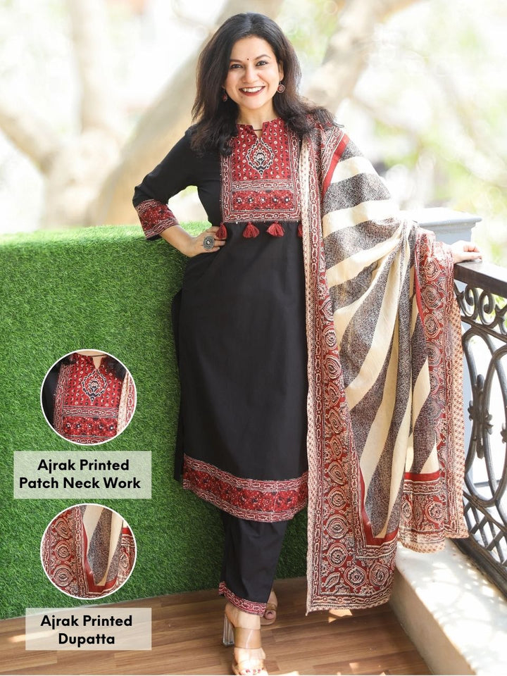 Roobi Midnight Black Ajrak Printed Patch Neck Work Cotton 3 Piece Set