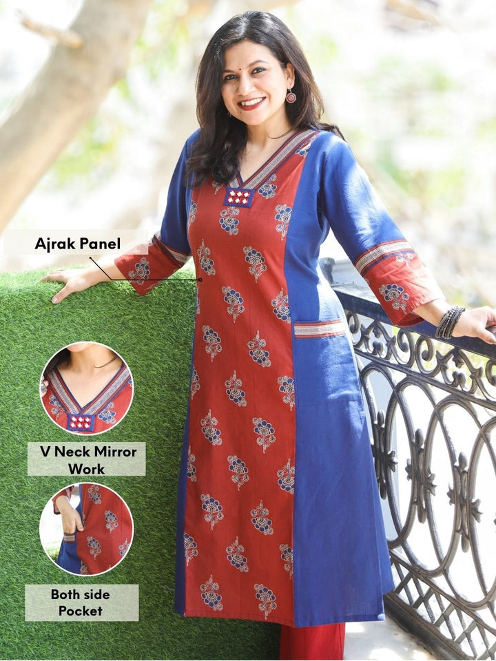 Maharaja Cerulean Blue V Neck Ajrak Panel with Pocket Cotton Kurti
