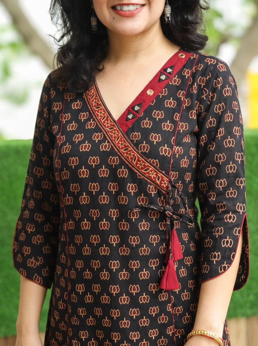 Varsha Oil Black Angrakha Lotus Panel Cotton Kurti