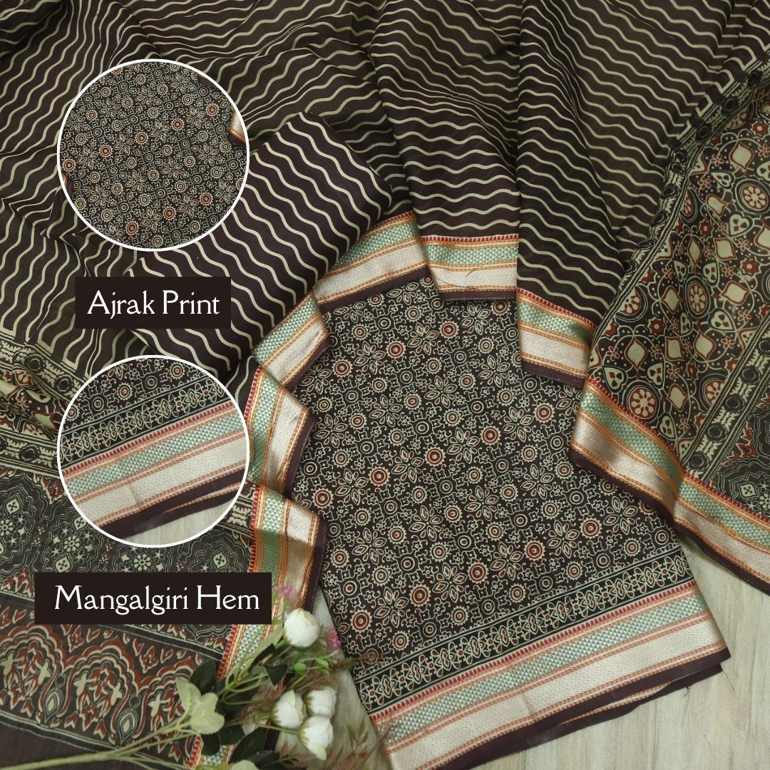 दिपशा Choco Brown Ajrak Printed Mangalgiri Hem Work Cotton Suit Set