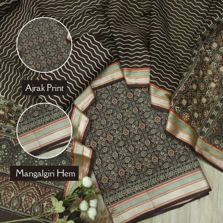 दिपशा Choco Brown Ajrak Printed Mangalgiri Hem Work Cotton Suit Set
