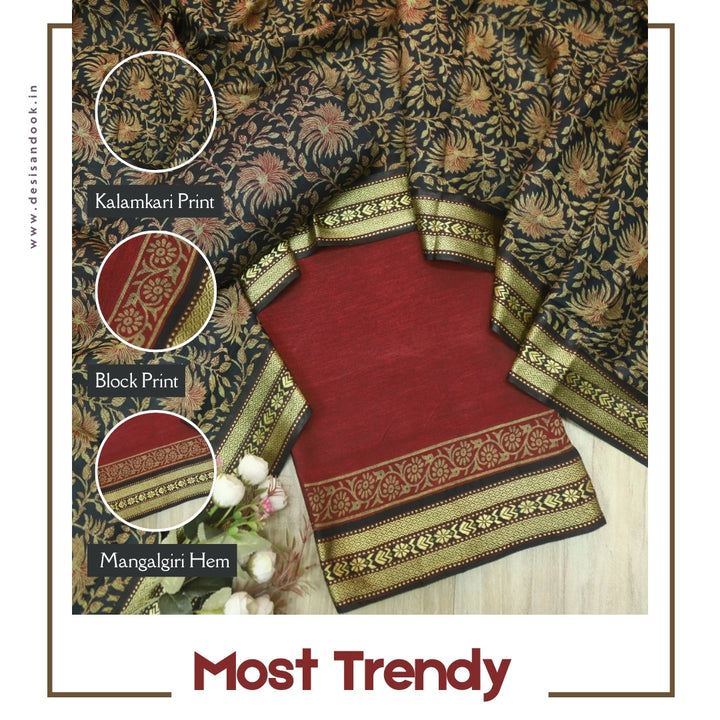 इश्कखुमारी Barn Maroon Mangalgiri Hem Work Cotton Suit Set