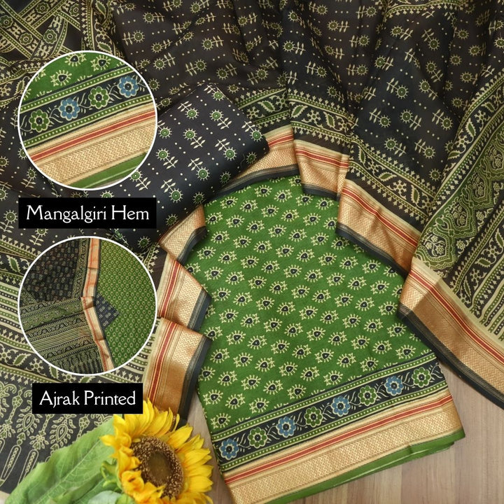 Nandani Grass Green Buti Printed in Mangalgiri Hem Work Cotton Suit Set