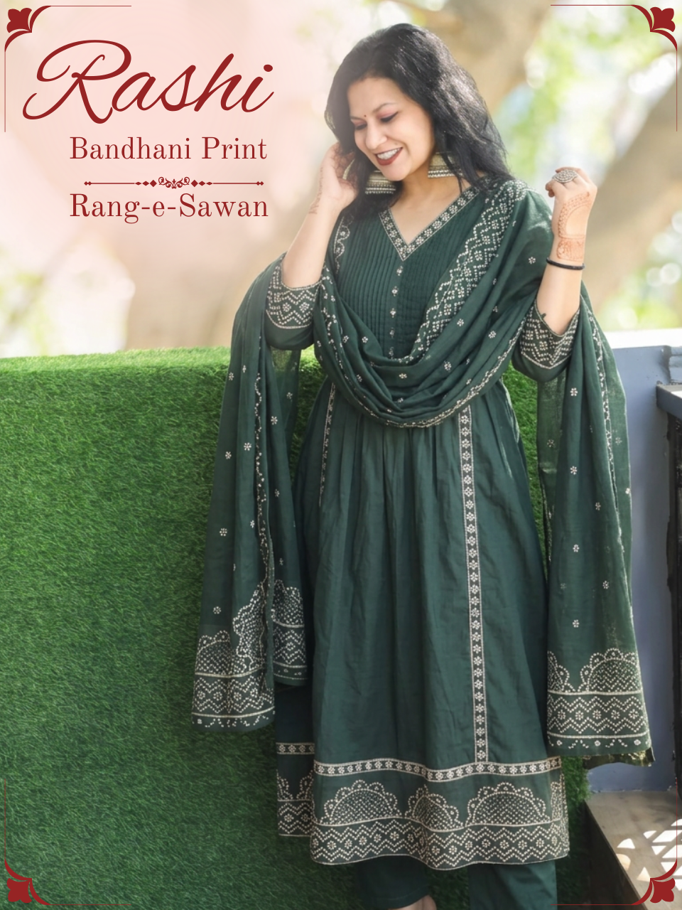 Rashi Sac. Green Bandhani Gathered Cotton 3 PIece Set