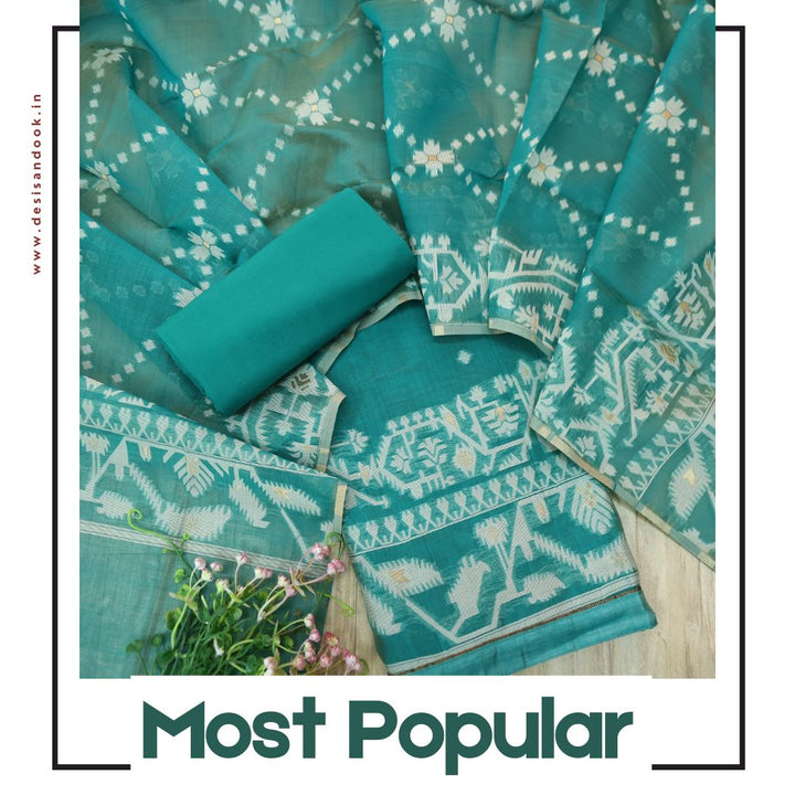 Tejasvi Aqua Cyan Blue Authentic Jamdani Weaved Detailing Suit Set
