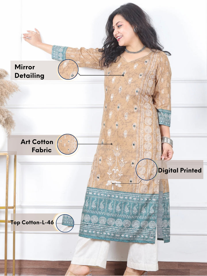 Kranti Peanut Beige All over Mirror Work Printed Art Cotton Kurti