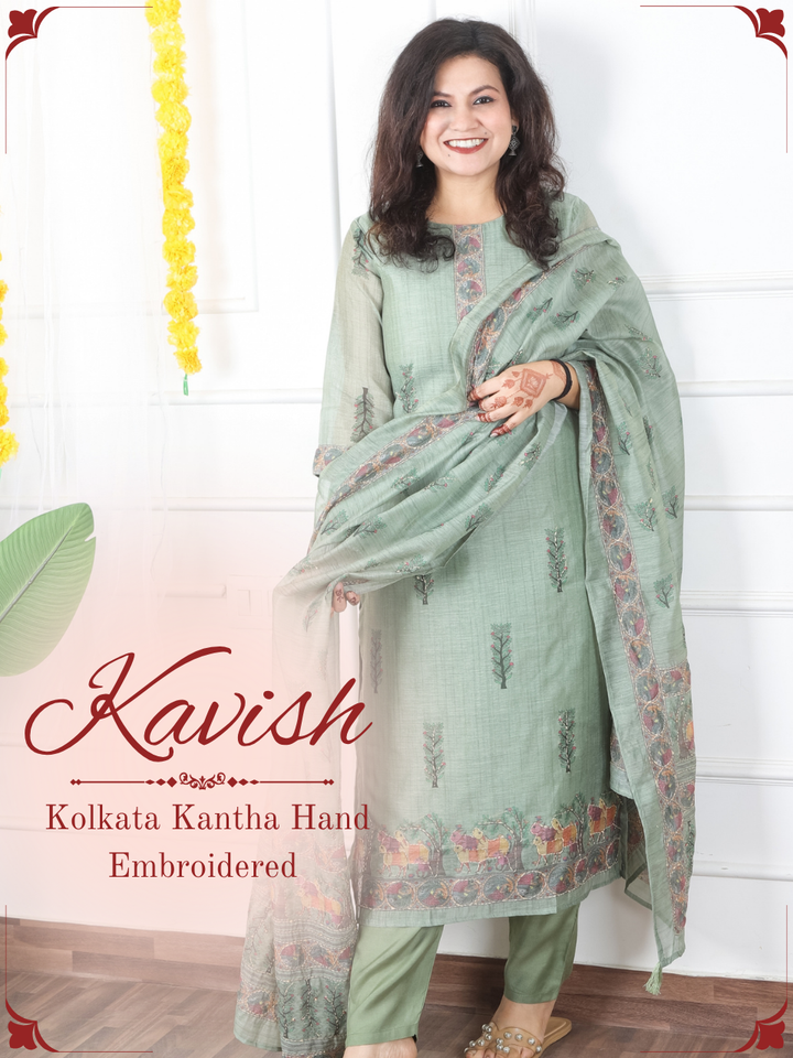 Kavish Fern Green Printed Hem with Kantha Work Detailing Chanderi 3 Piece Set