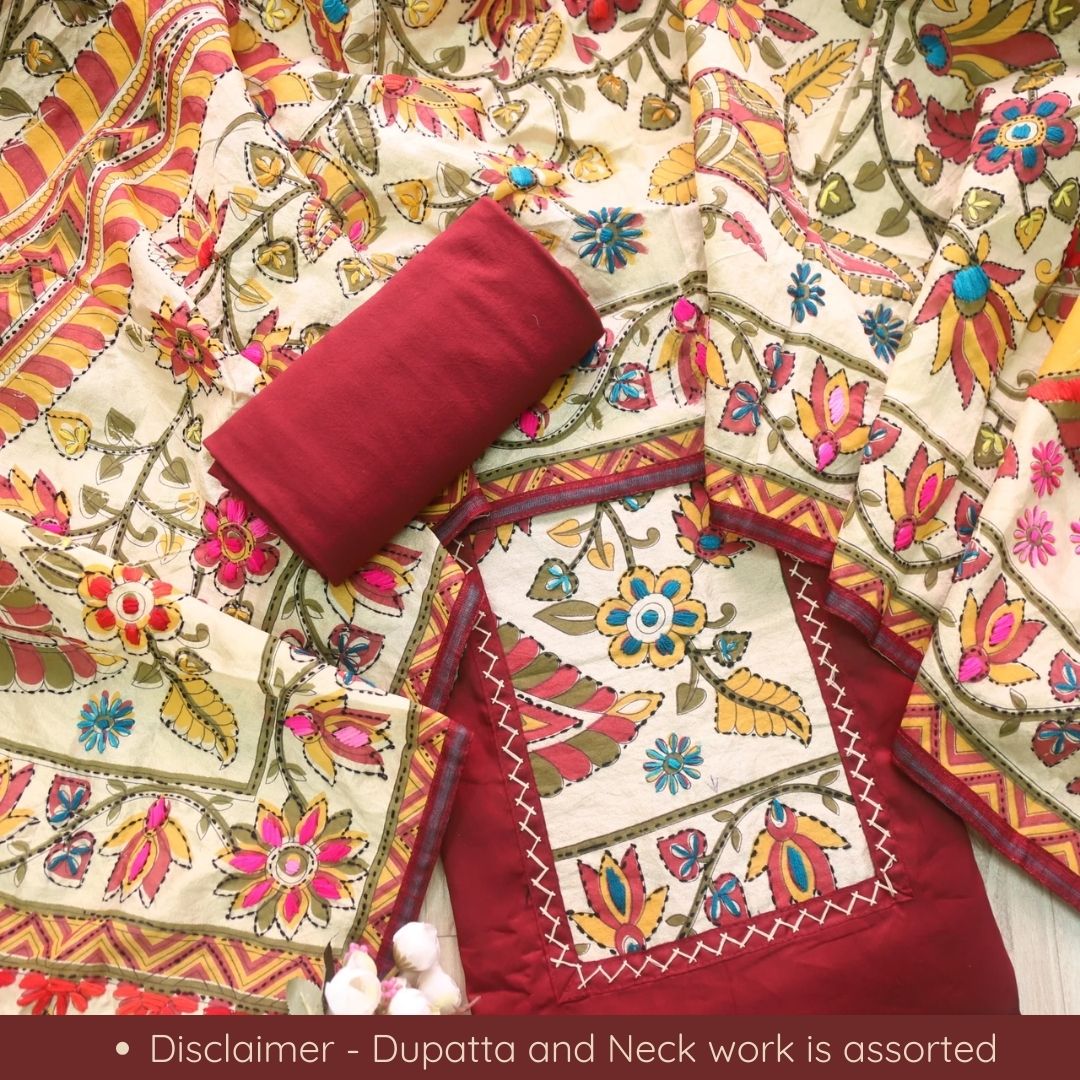 Farishta Berry Red Kantha Phulkari Fusion Work Glazed Cotton Suit Set