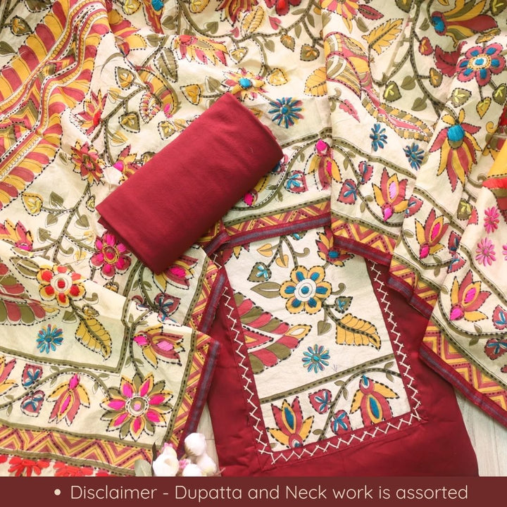 Farishta Berry Red Kantha Phulkari Fusion Work Glazed Cotton Suit Set