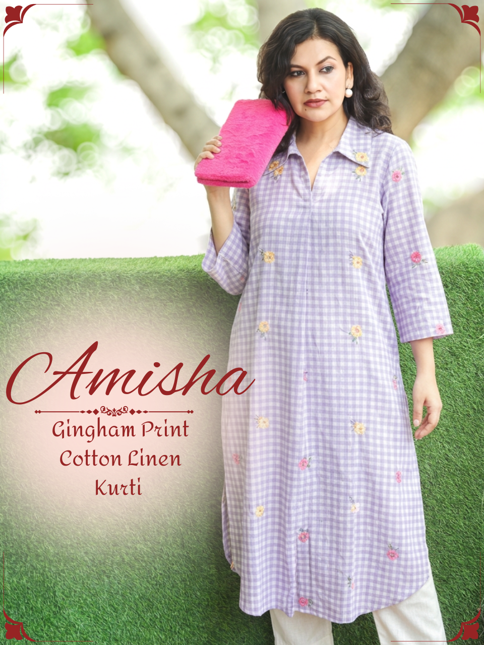 Amisha Lavender Gingham Print Cotton Linen Kurti