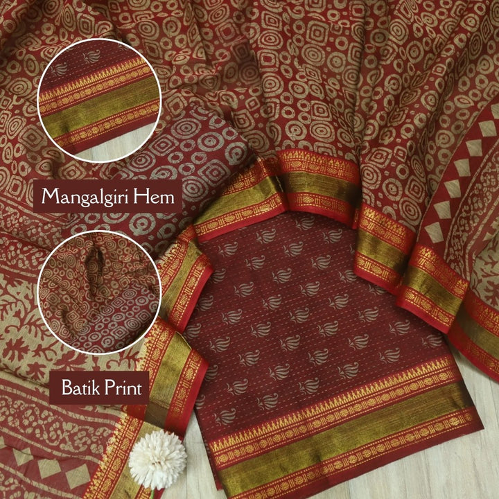 दिपशा Dark Maroon Digital Printed Mangalgiri Hem Work Cotton Suit Set