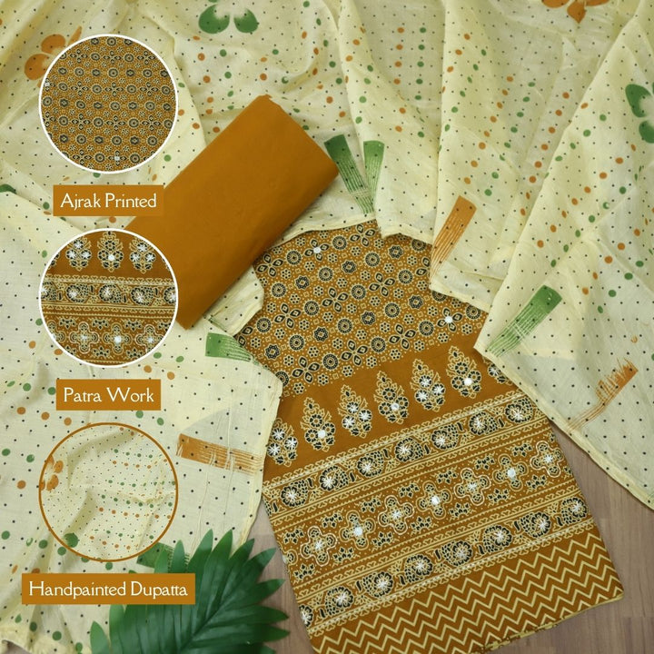 Aayena Dandelion Yellow Patra Detailing in Ajrak Printed Cotton Suit Set-D2