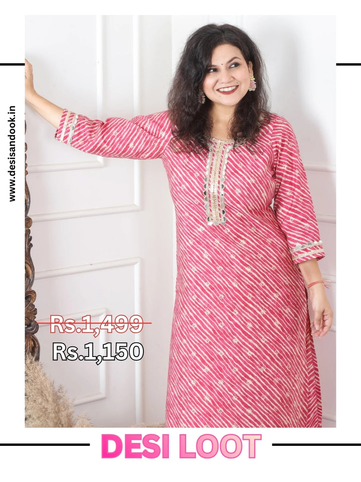Anika Cranberry Pink Round Neck with Mirror Lace and Foil Work Leheriya Modal Kurti
