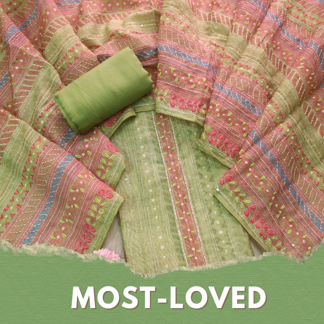 Riwahyaat Peridot Green Digital Printed Kantha Work Chanderi Suit Set